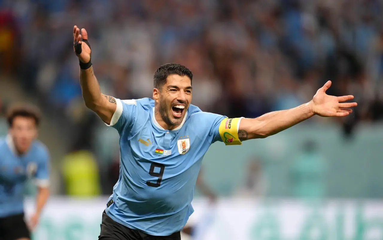 Uruguay’s Luis Suarez celebrates during the FIFA World Cup Group H match at the Al Janoub Stadium in Al-Wakrah, Qatar