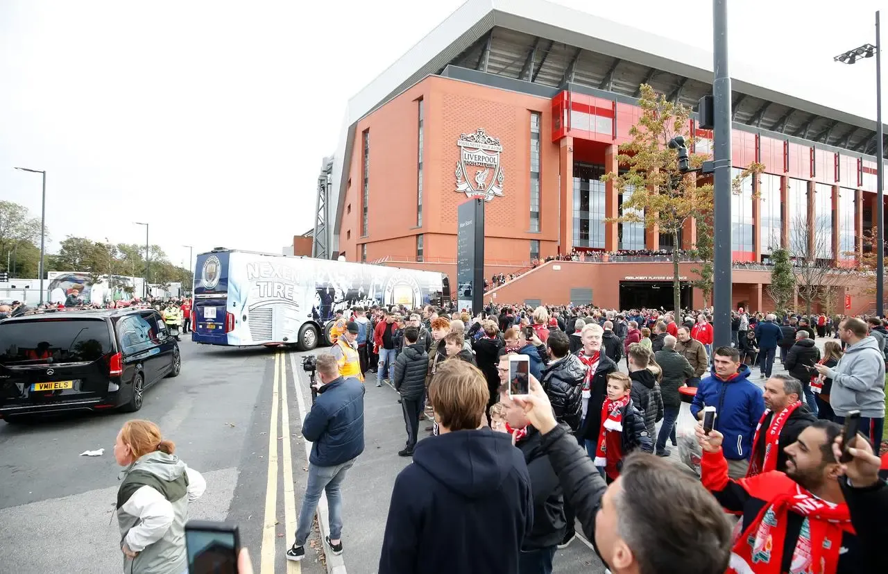The Manchester City team bus arrives at Anfield