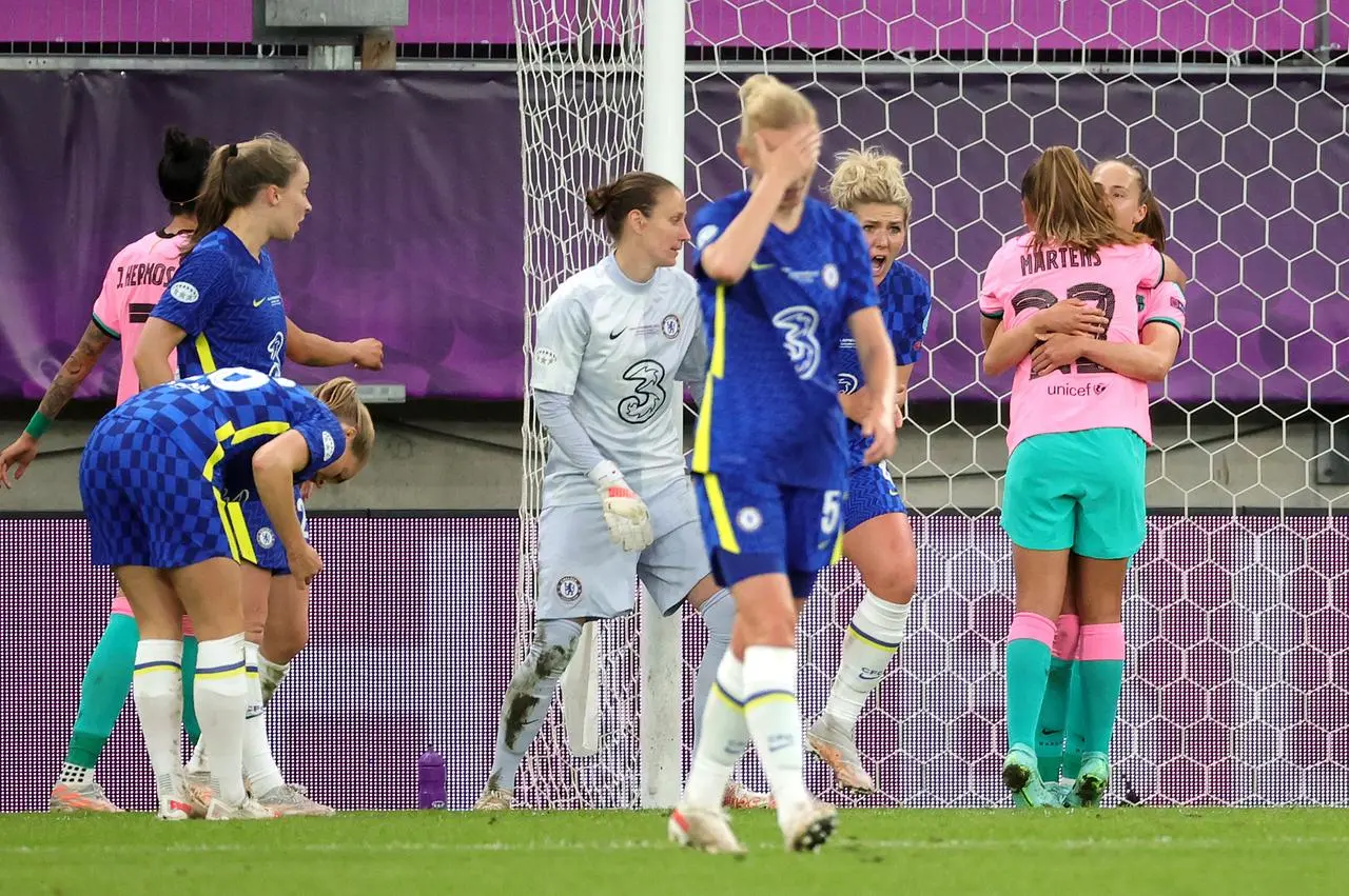 Barcelona’s Caroline Graham Hansen (right) celebrates scoring their fourth goal against Chelsea (Adam Ihse/PA)