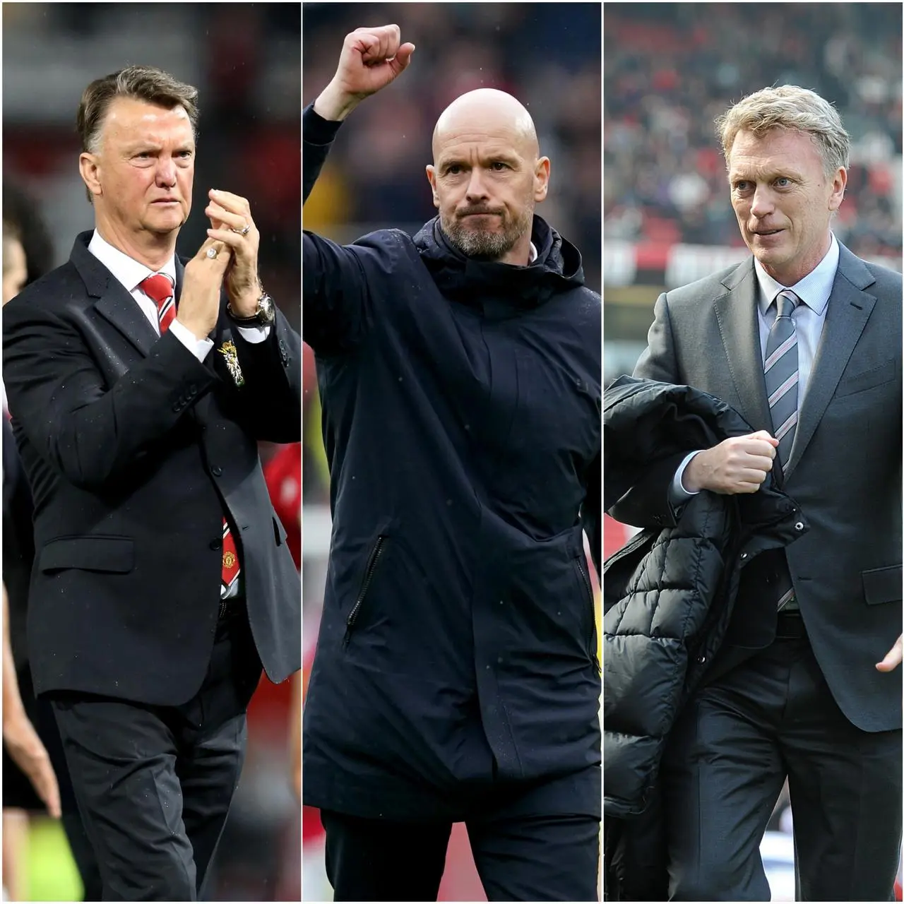 Erik ten Hag, centre, looks to be building a more successful United side than Louis van Gaal, left, or David Moyes