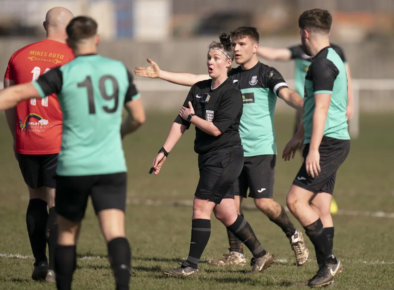 Referee Sophie Wood wears a body camera during a match between Redcar CF and the Southern Cross in April