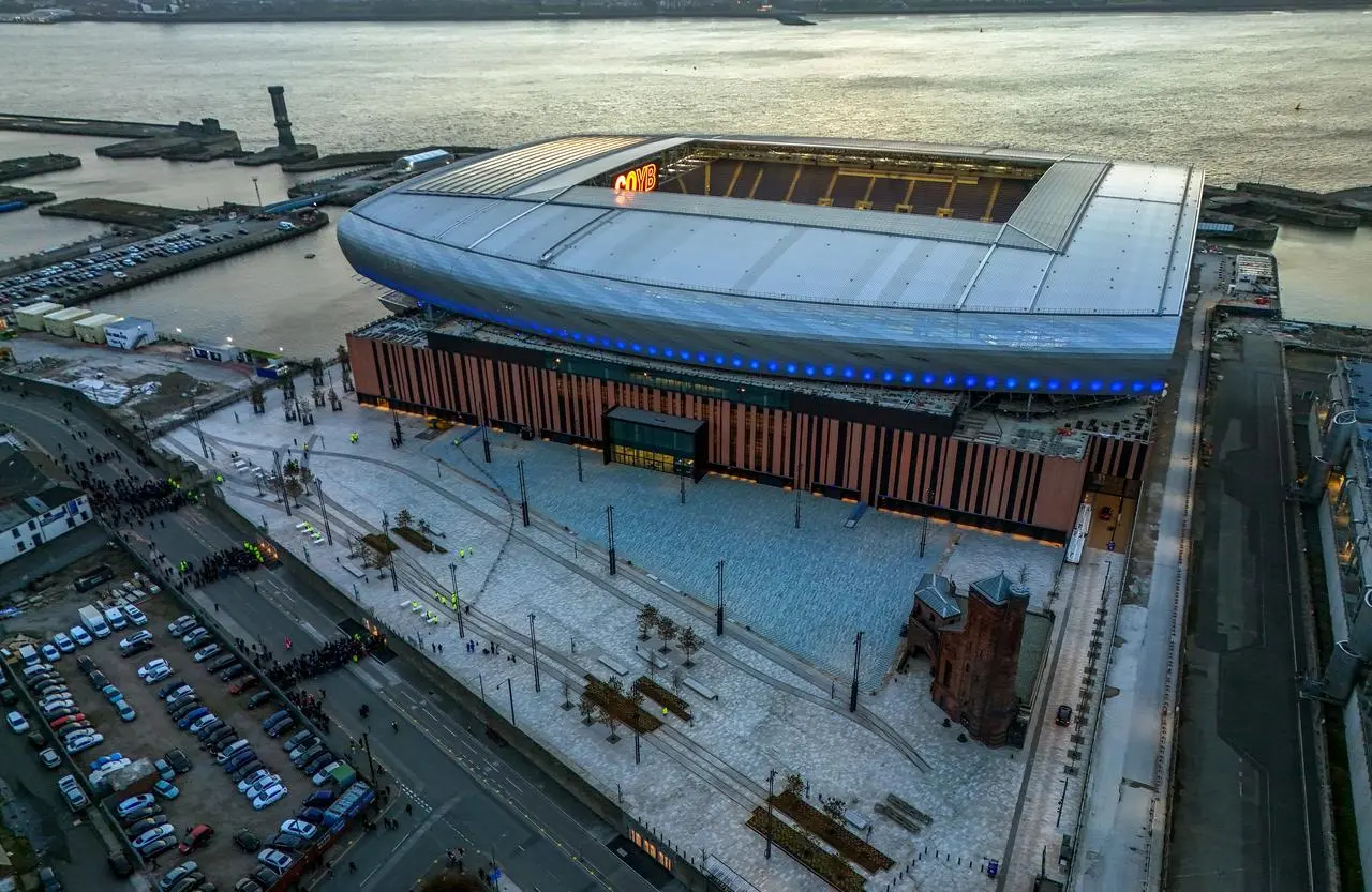 A drone view of Everton’s new stadium at Bramley-Moore Dock before an Everton under-18 friendly match test event