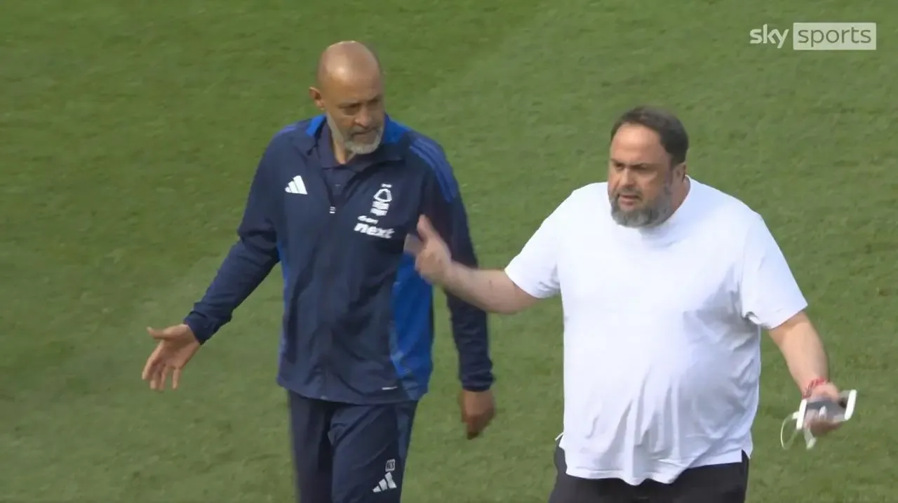Screengrab from the X feed of Sky Sports News of an incident between Nottingham Forest manager Nuno Espirito Santo and club owner Evangelos Marinakis (right) after a Premier League match at the City Ground