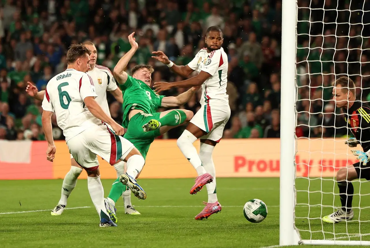Republic of Ireland striker Evan Ferguson scores the first goal in his side's World Cup qualifier fightback against Hungary at the Aviva Stadium