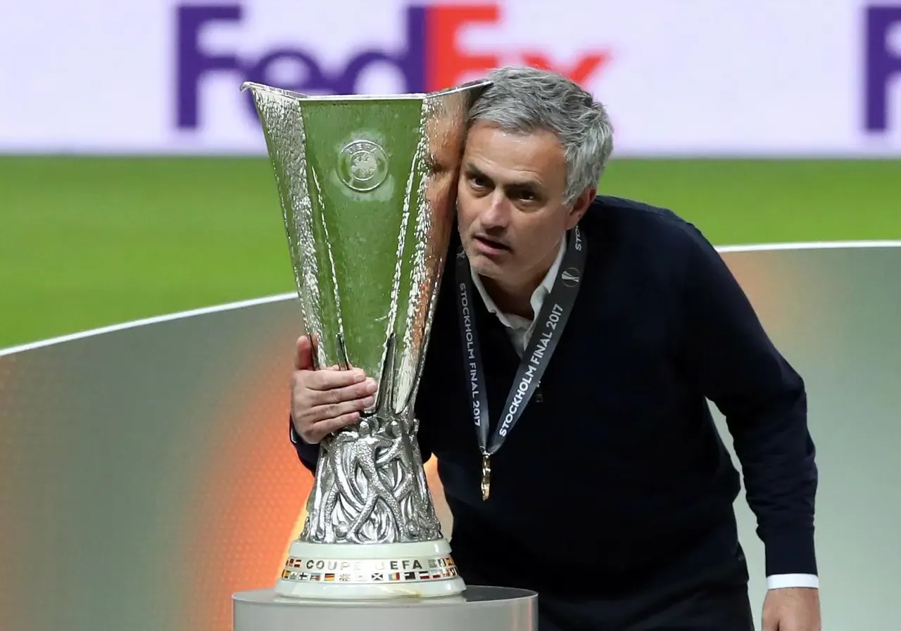 Jose Mourinho pictured with the Europa League trophy after Manchester United's 2017 final win over Ajax