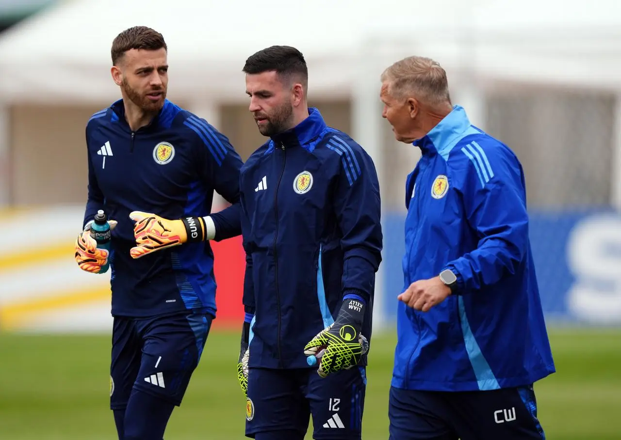 Angus Gunn (left) and Liam Kelly during a training session