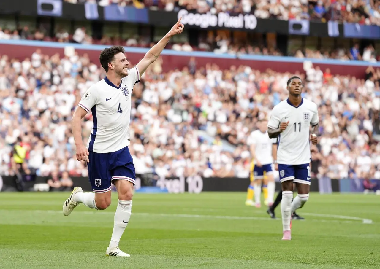 Declan Rice celebrates his goal against Andorra