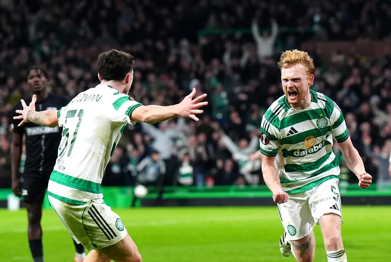 Liam Scales celebrates his equaliser against Sturm Graz