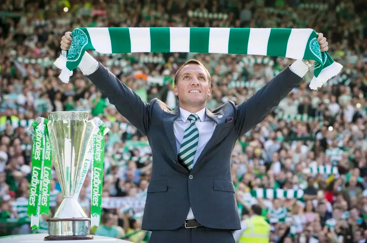 Brendan Rodgers raised a Celtic scarf as he was unveiled in 2016