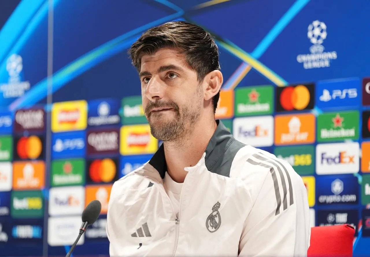 Real Madrid’s Thibaut Courtois at a press conference