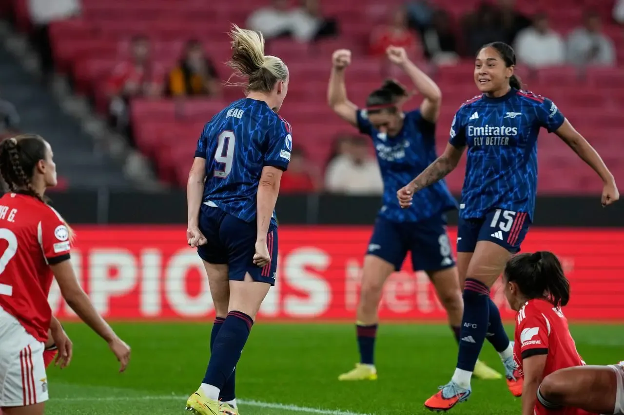 Arsenal’s Beth Mead celebrates with team-mates after scoring in the Women's Champions League