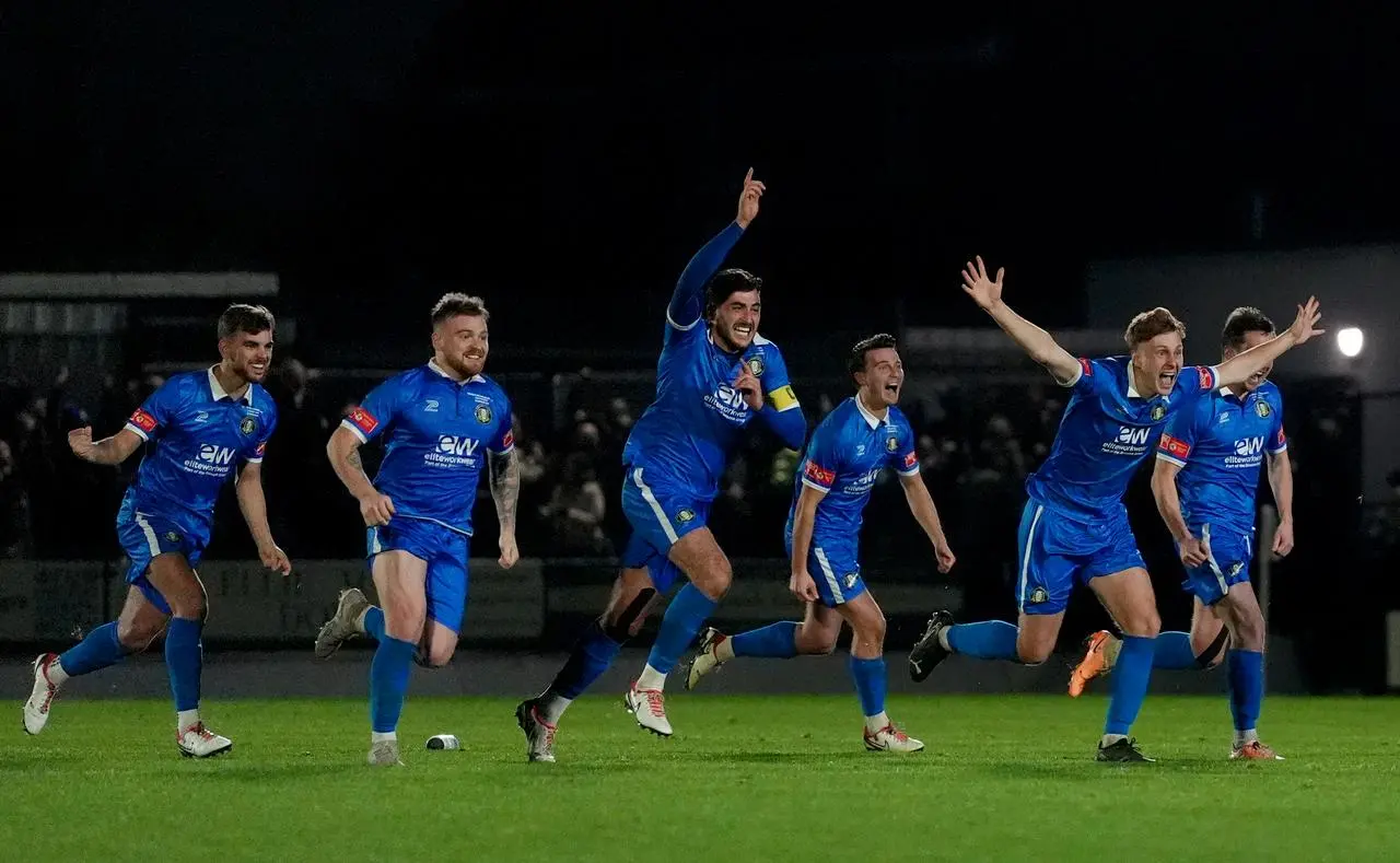 Gainsborough players celebrate their FA Cup penalty shootout win at Hednesford last season