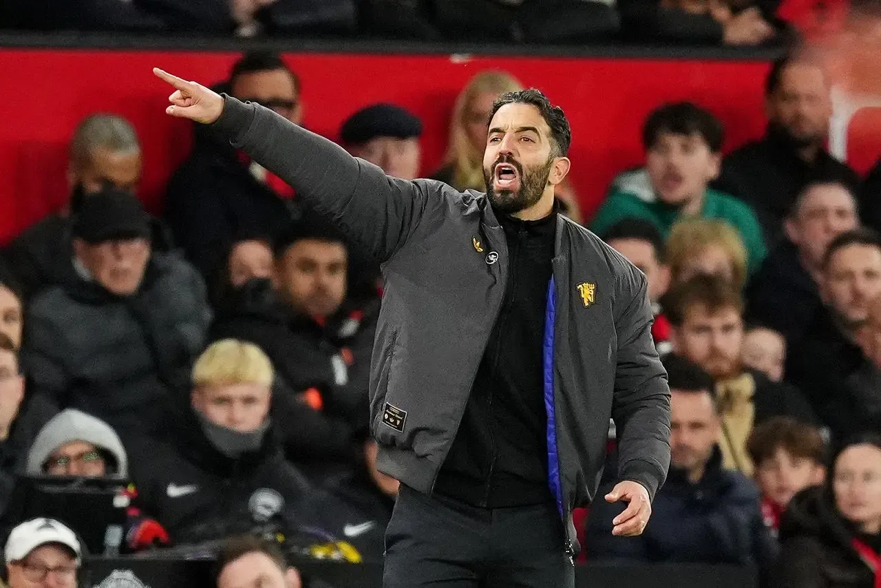 Ruben Amorim points on the touchline at Old Trafford