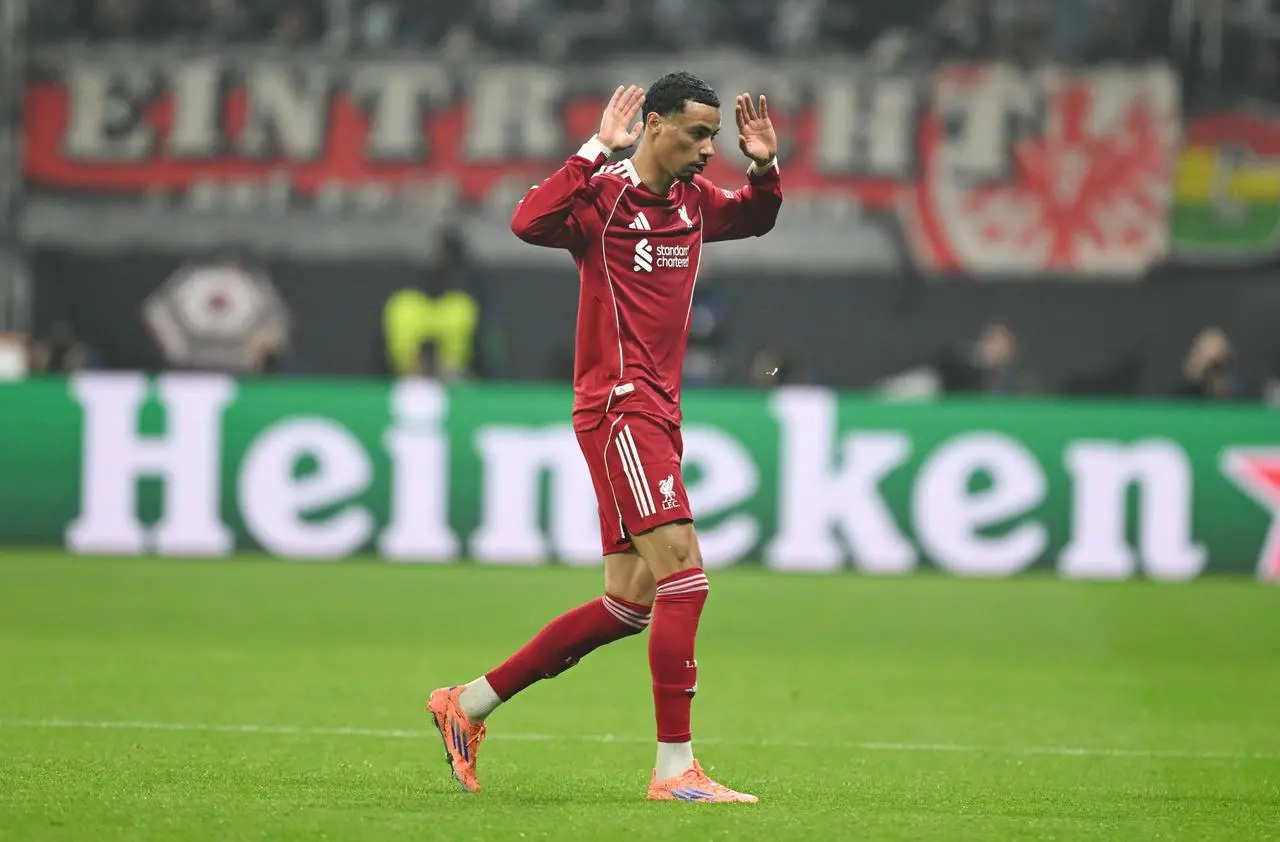 Hugo Ekitike celebrates after scoring Liverpool's first goal in a 5-1 Champions League win at Eintracht Frankfurt