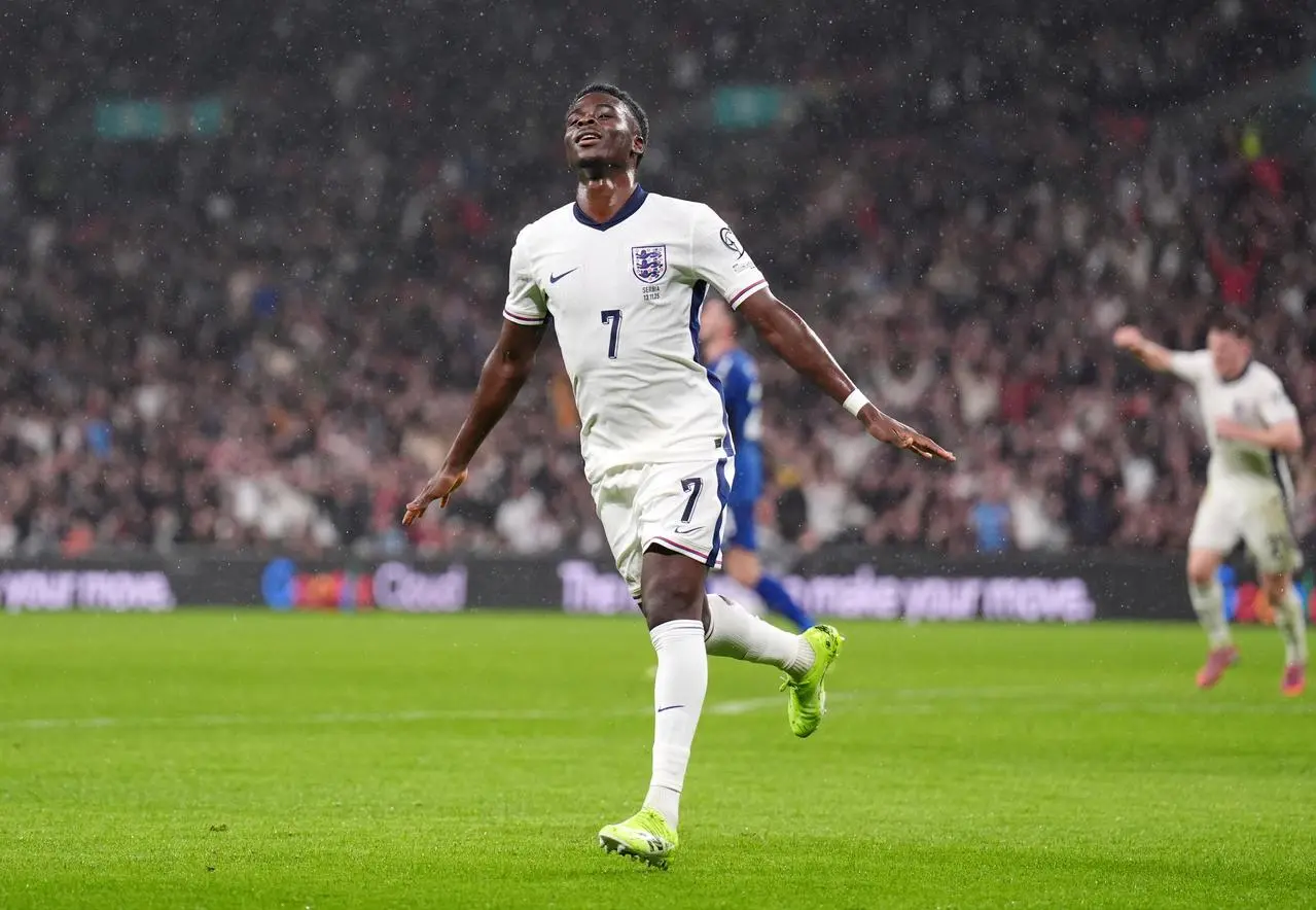 England’s Bukayo Saka celebrates scoring at Wembley