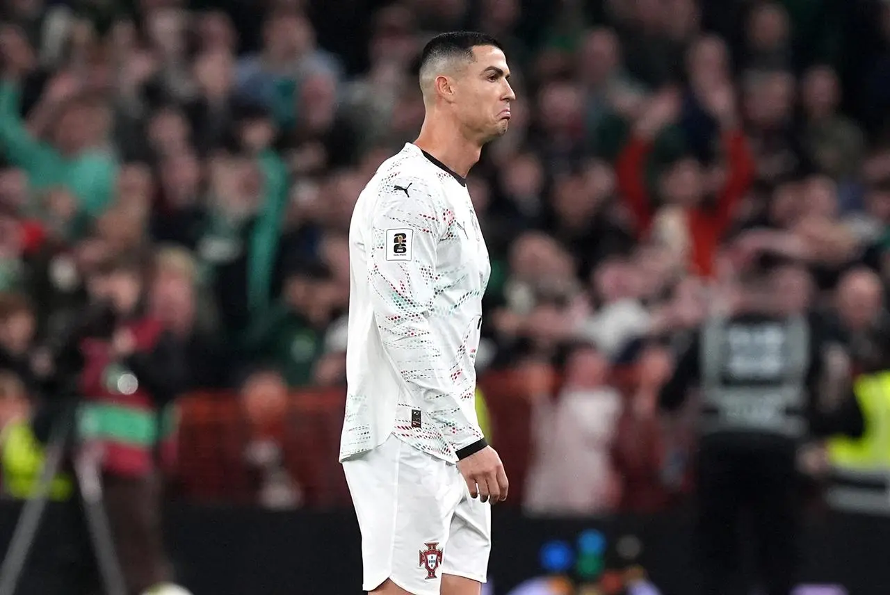 Portugal’s Cristiano Ronaldo walks off after being shown a red card against the Republic of Ireland at the Aviva Stadium