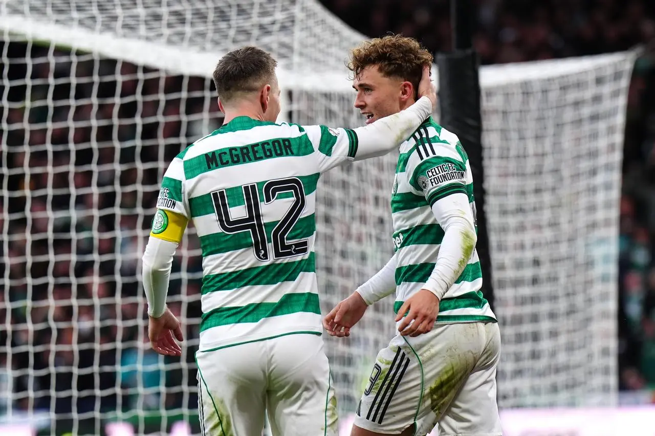 Callum McGregor congratulates Callum Osmand, right, after his goal against Rangers