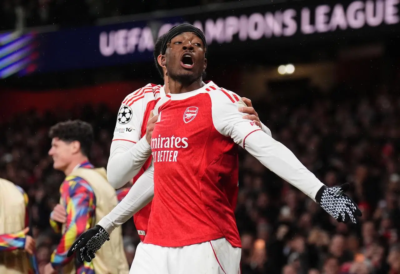 Arsenal’s Noni Madueke celebrates after scoring the second goal in a 3-1 Champions League win over Bayern Munich