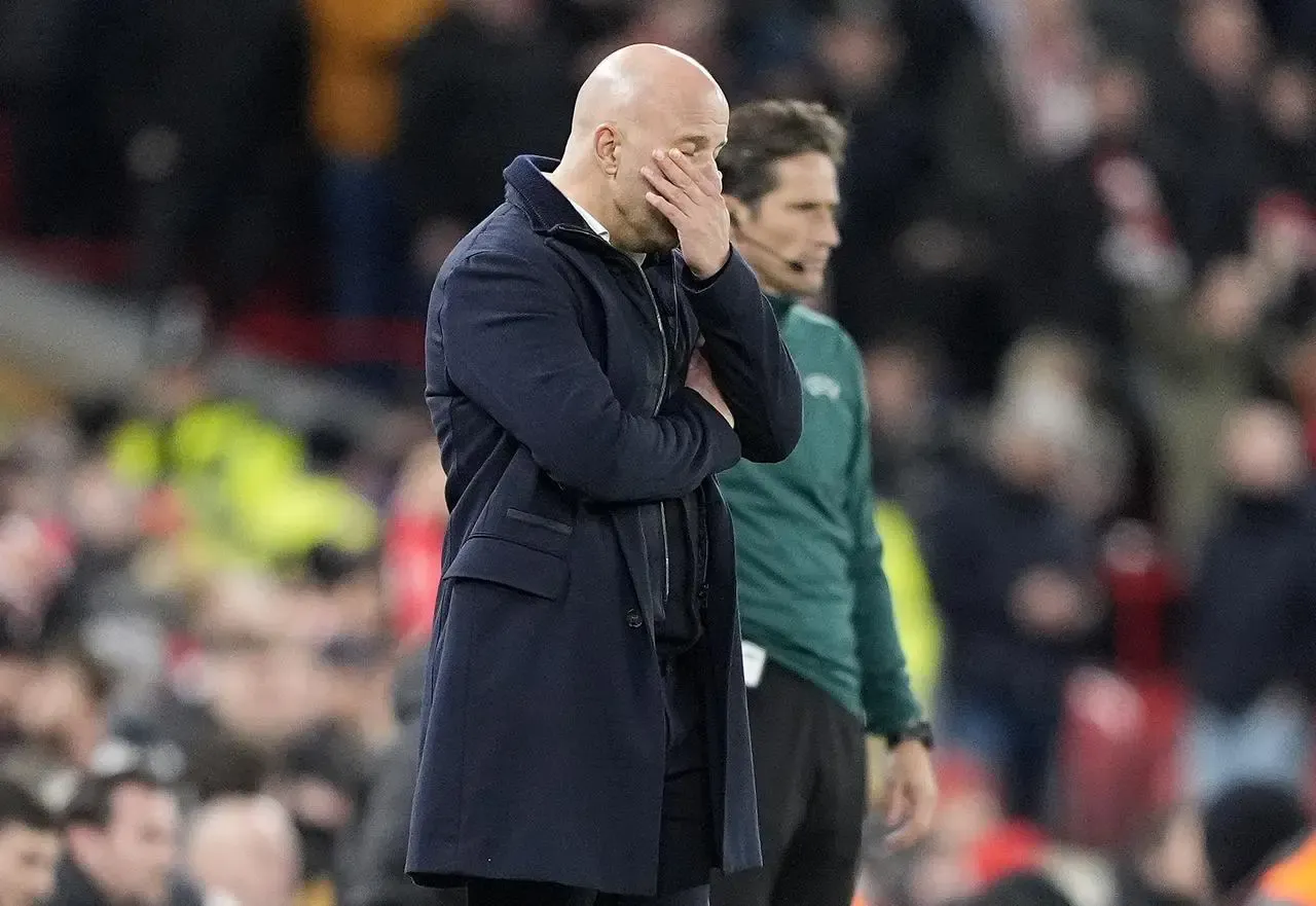 Liverpool manager Arne Slot reacts after the Champions League defeat by PSV Eindhoven at Anfield