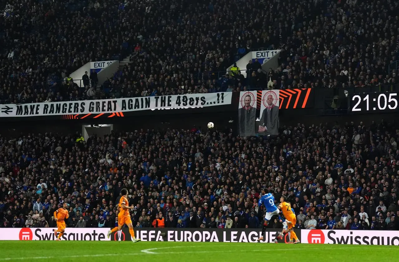 Supporters banner at Rangers v Roma