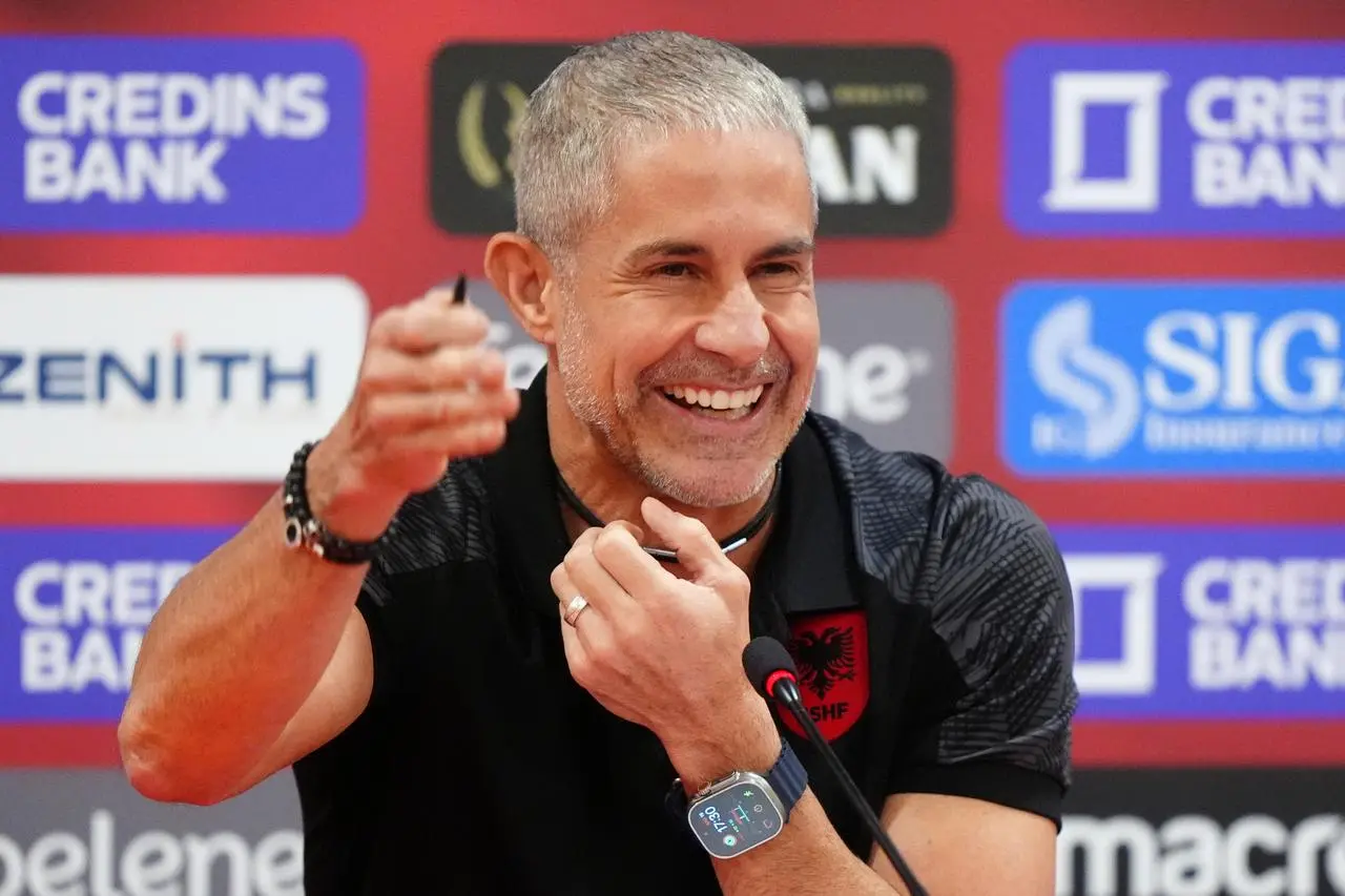 Albania manager Sylvinho at a press conference