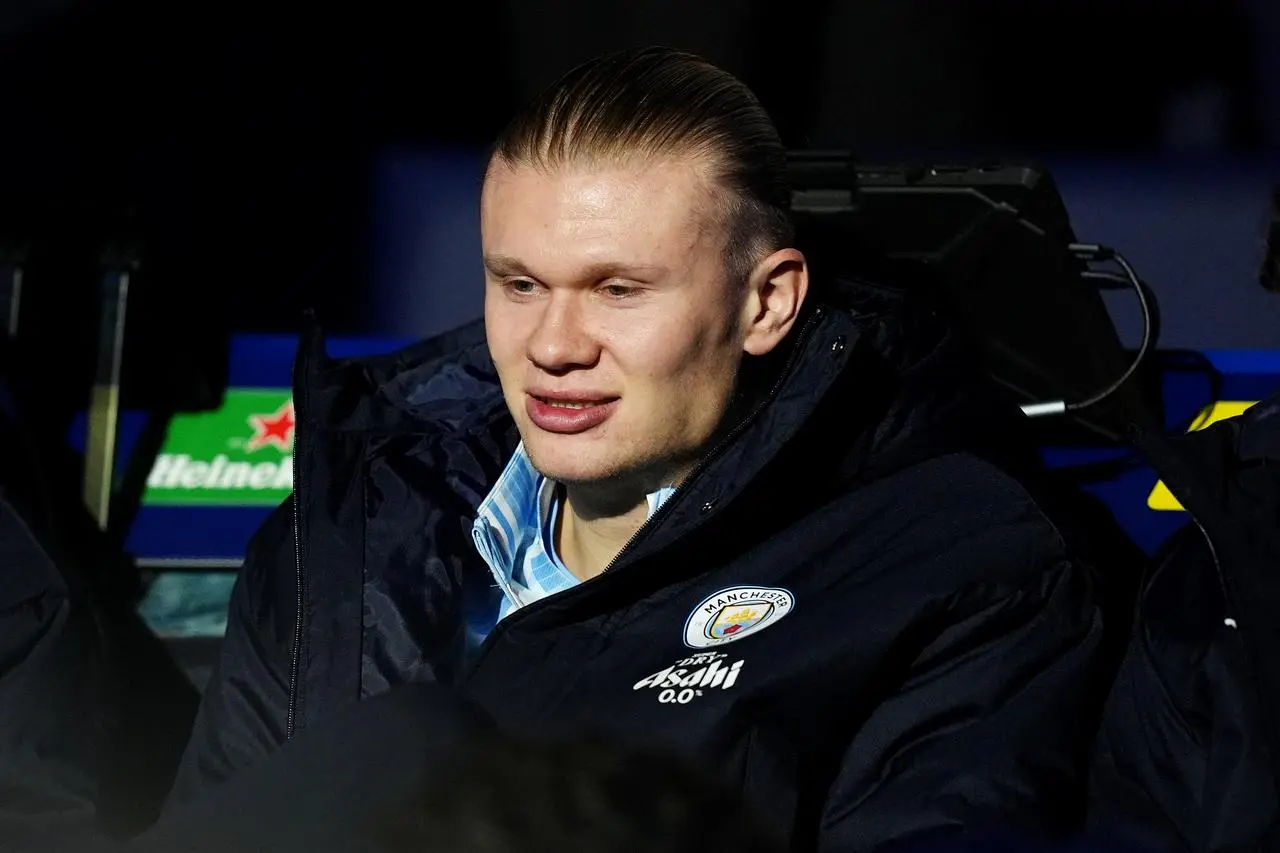 Manchester City’s Erling Haaland on the bench during their match against Bayer Leverkusen