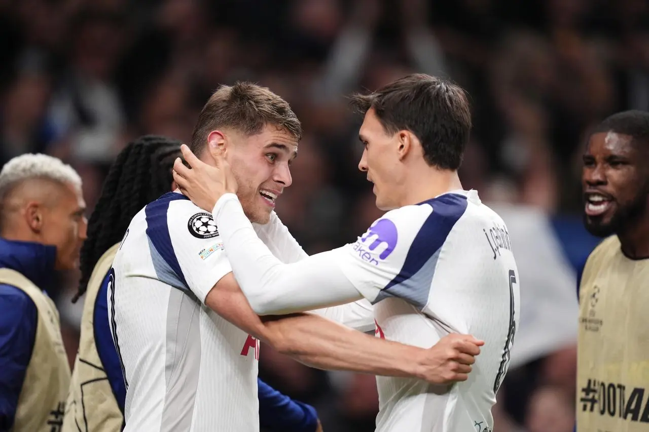 Micky van de Ven celebrates his Champions League goal for Tottenham
