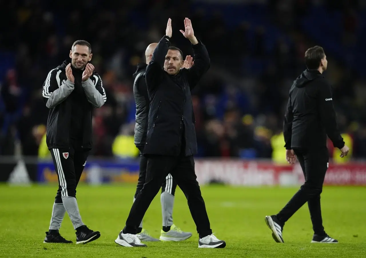 Wales manager Craig Bellamy claps his hands over his head