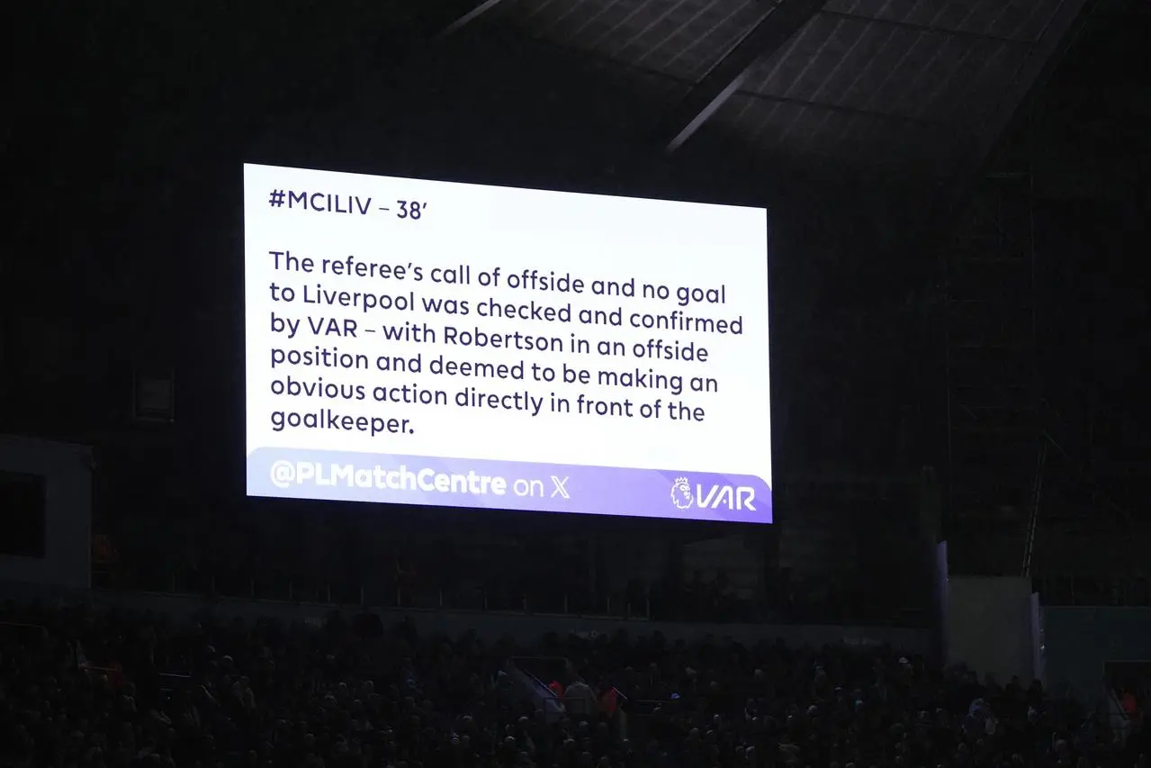 The Etihad Stadium screen explains the decision to disallow Liverpool's goal against Manchester City