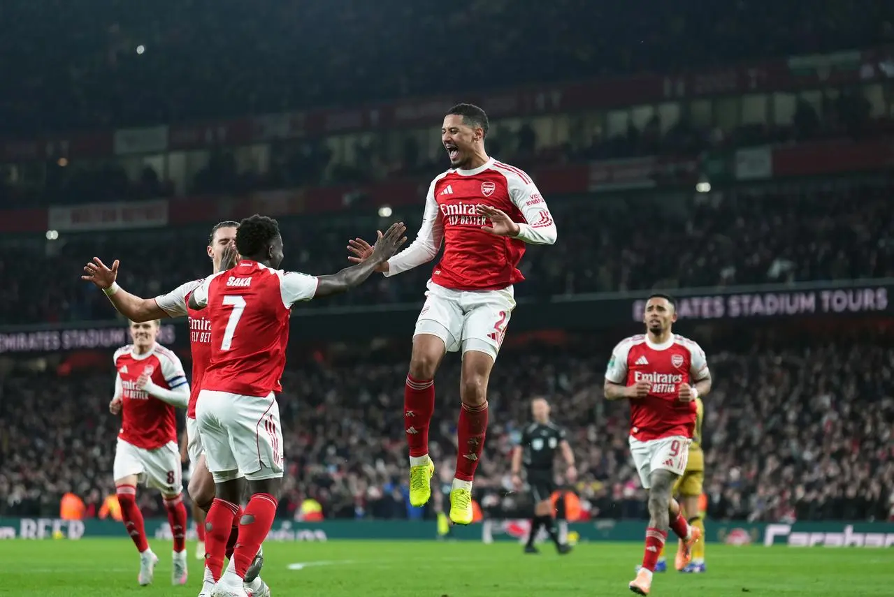 William Saliba celebrates Arsenal's goal
