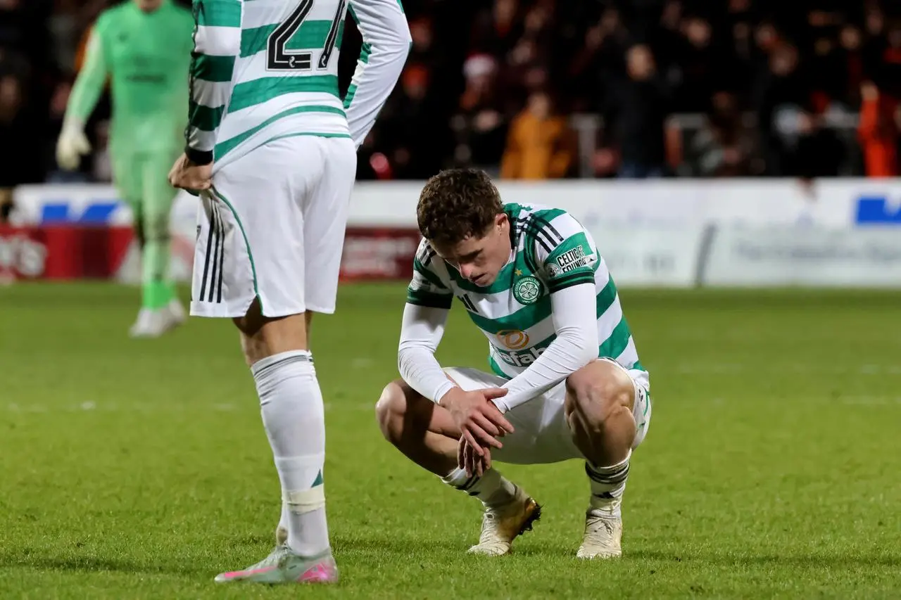 Luke McCowan looks dejected at the final whistle after Celtic’s defeat to Dundee United last month