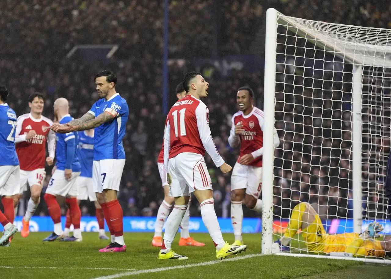 Arsenal forward Gabriel Martinelli celebrates after completing his hat-trick at Portsmouth