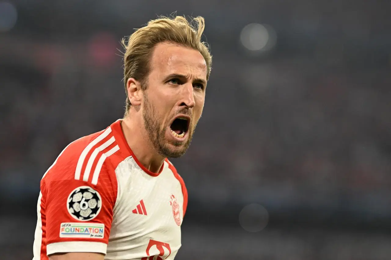 Bayern Munich’s Harry Kane celebrates scoring a goal