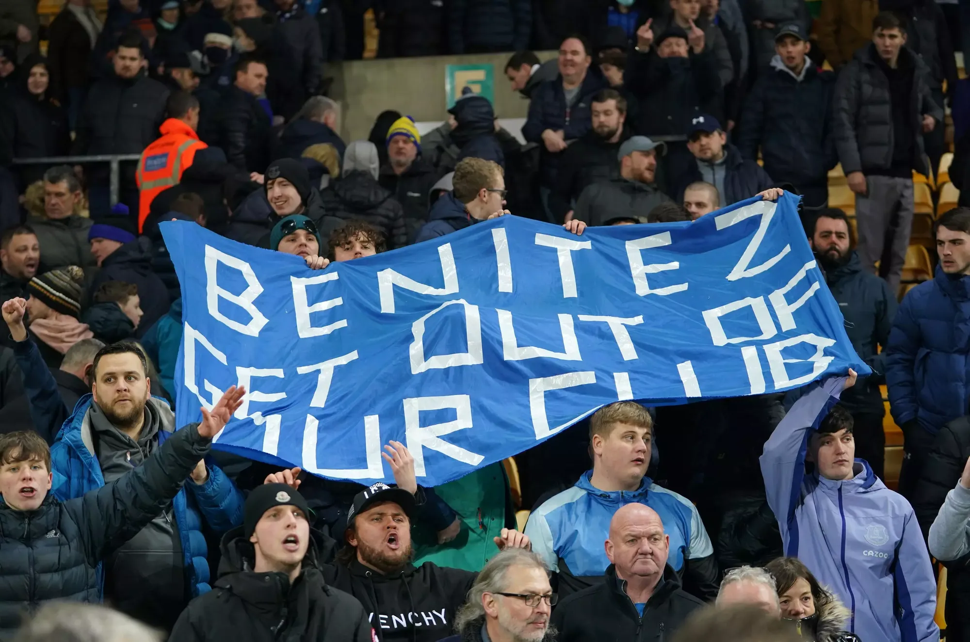 Everton fans hold a 'Benitez out' protest banner 