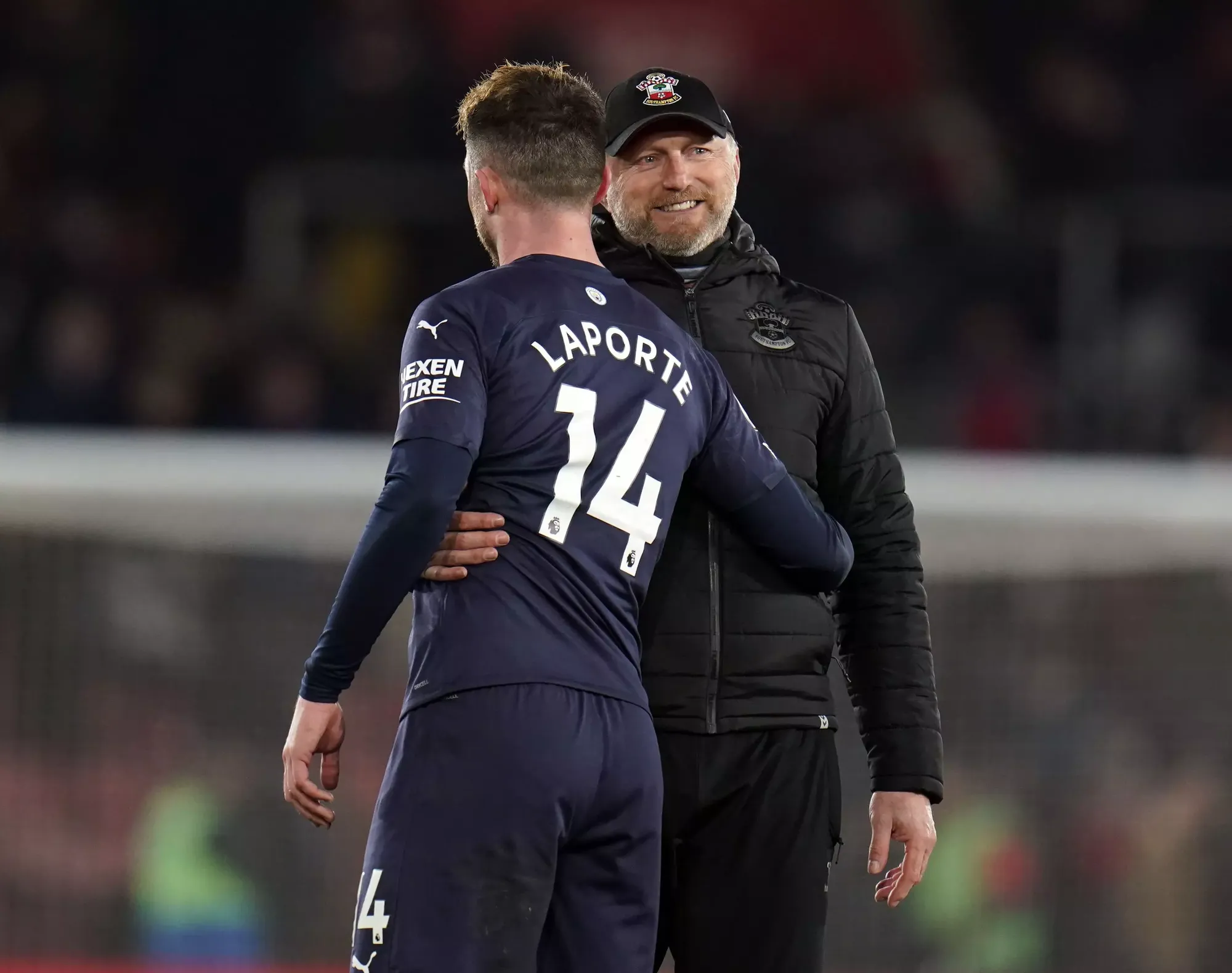 Man City defender Aymeric Laporte embraces Southampton manager Ralph Hasenhuttl