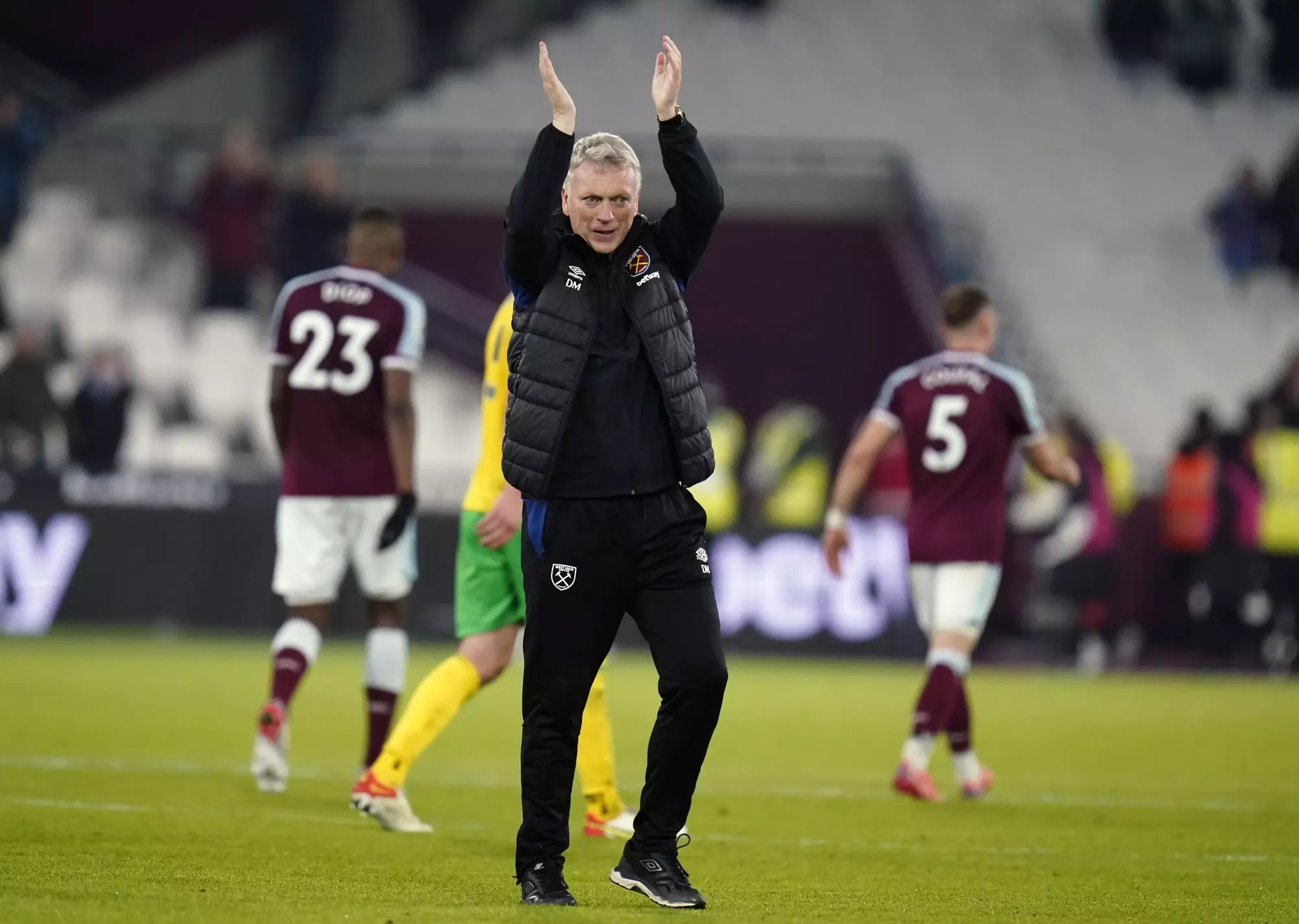 West Ham manager David Moyes applauds the fans after their 2-0 win against Norwich