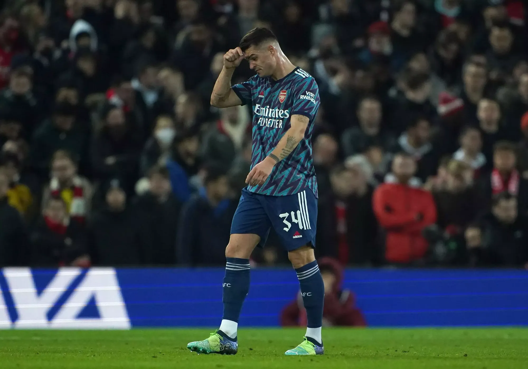 Granit Xhaka's walk of shame after seeing red for a challenge on Liverpools Diogo Jota