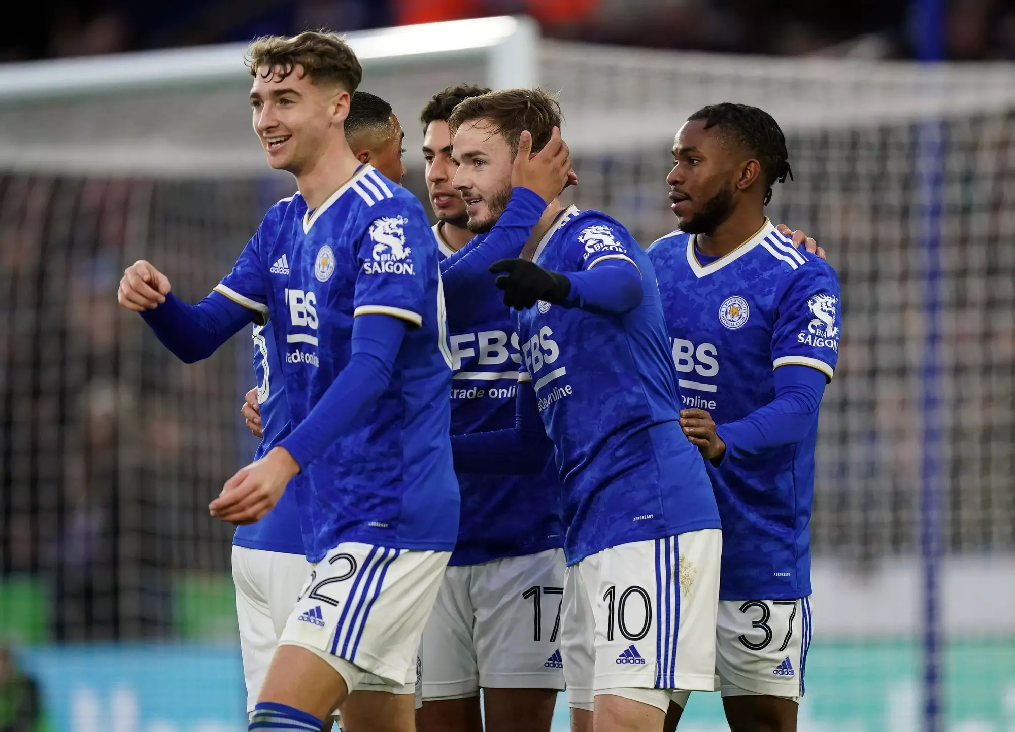 Leicester players celebrate James Maddison's goal