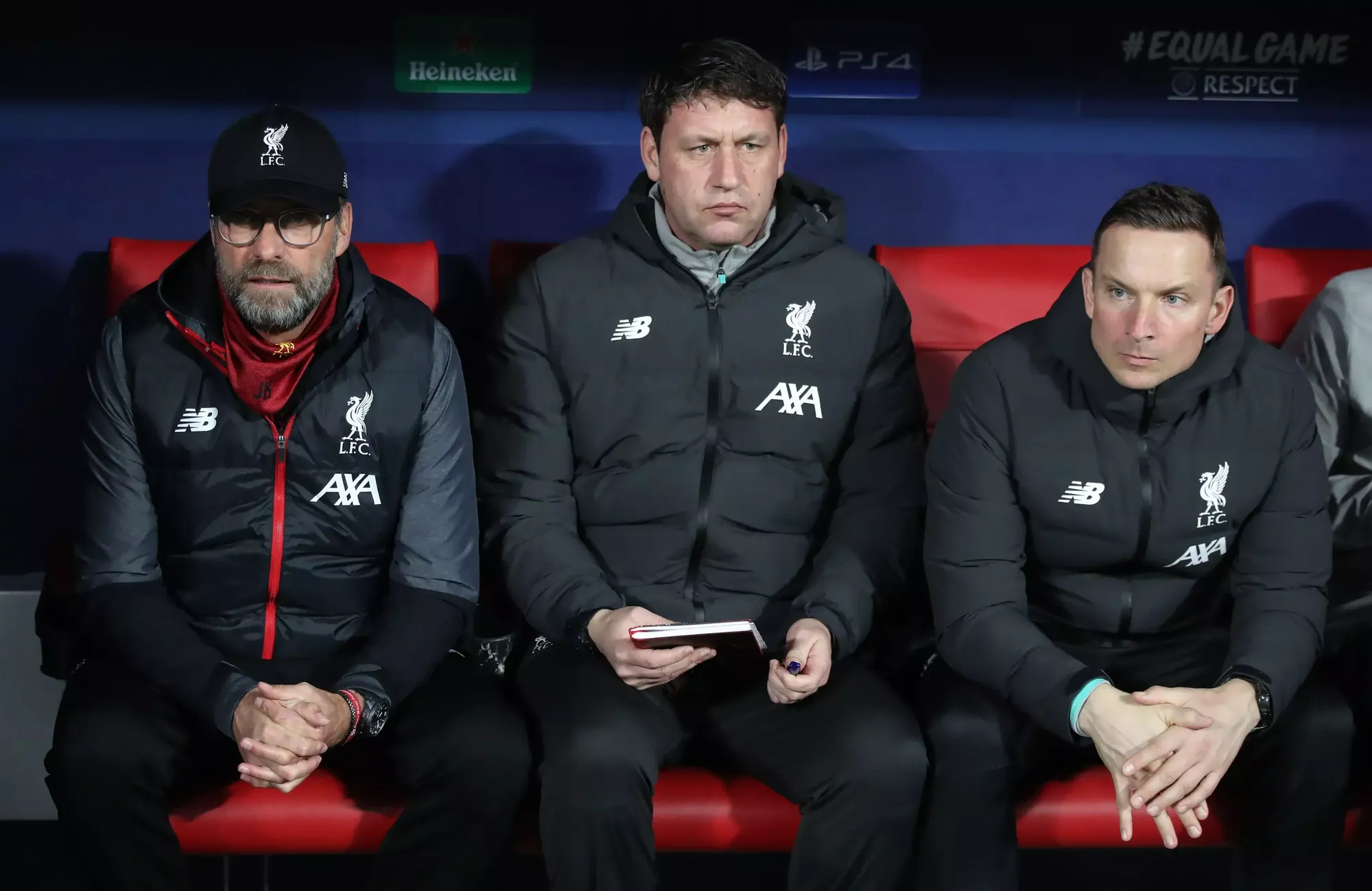 Liverpool assistant Peter Krawietz sits on the bench with Jurgen Klopp