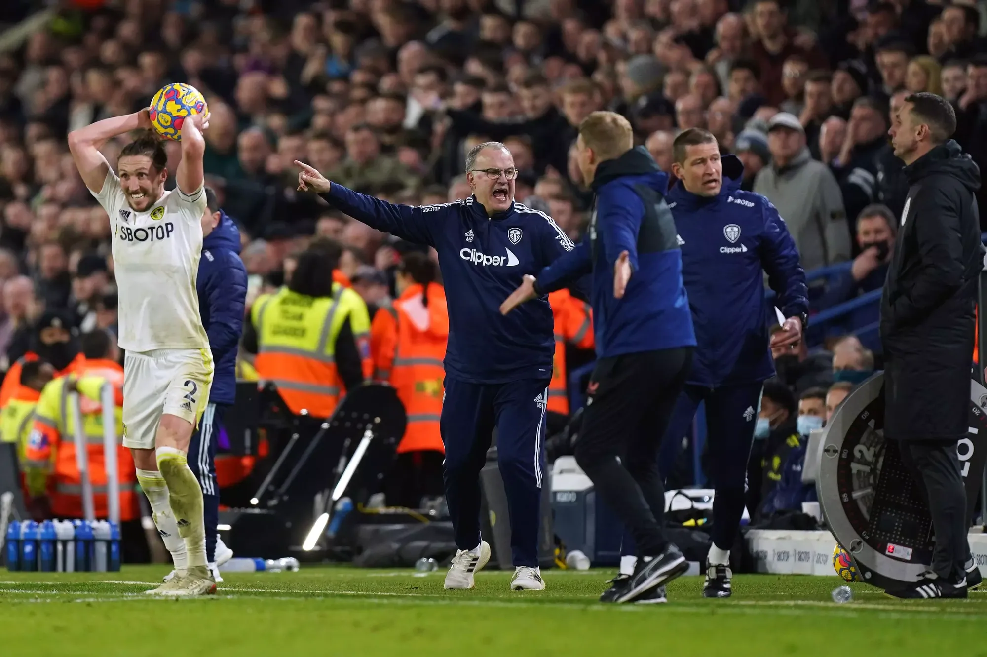 Leeds manager Marcelo Bielsa gets animated with Eddie Howe on the touchline