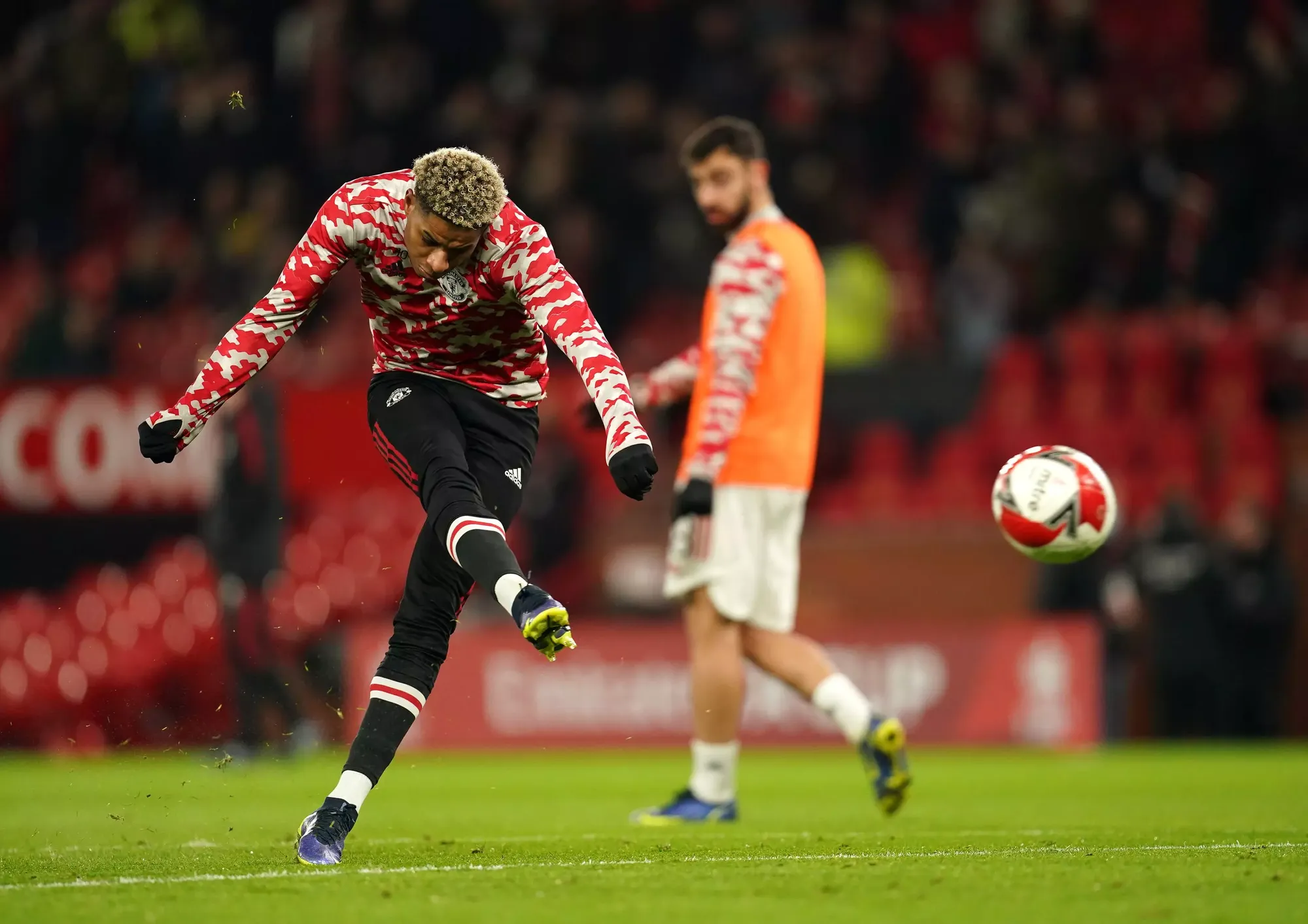 Marcus Rashford warms up ahead of last nights FA Cup tie with Aston Villa