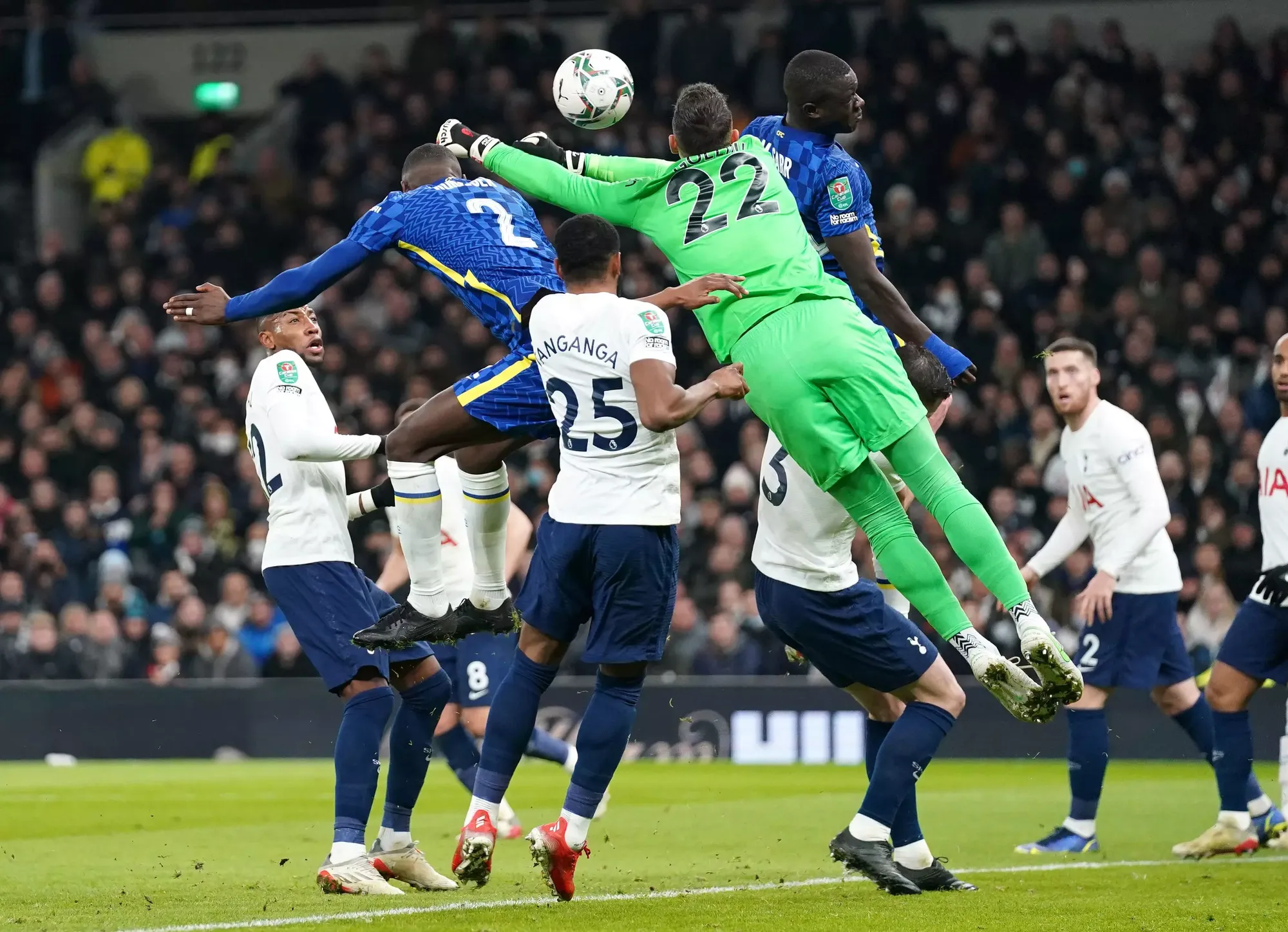 Tottenham goalkeeper Pierluigi Gollini misses his punch for Chelsea's goal