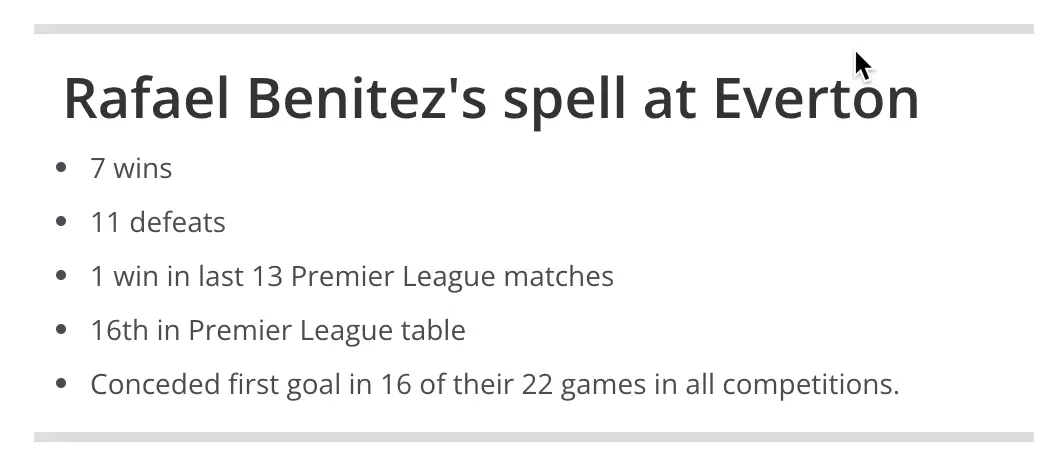 Rafa Benitez record at Everton