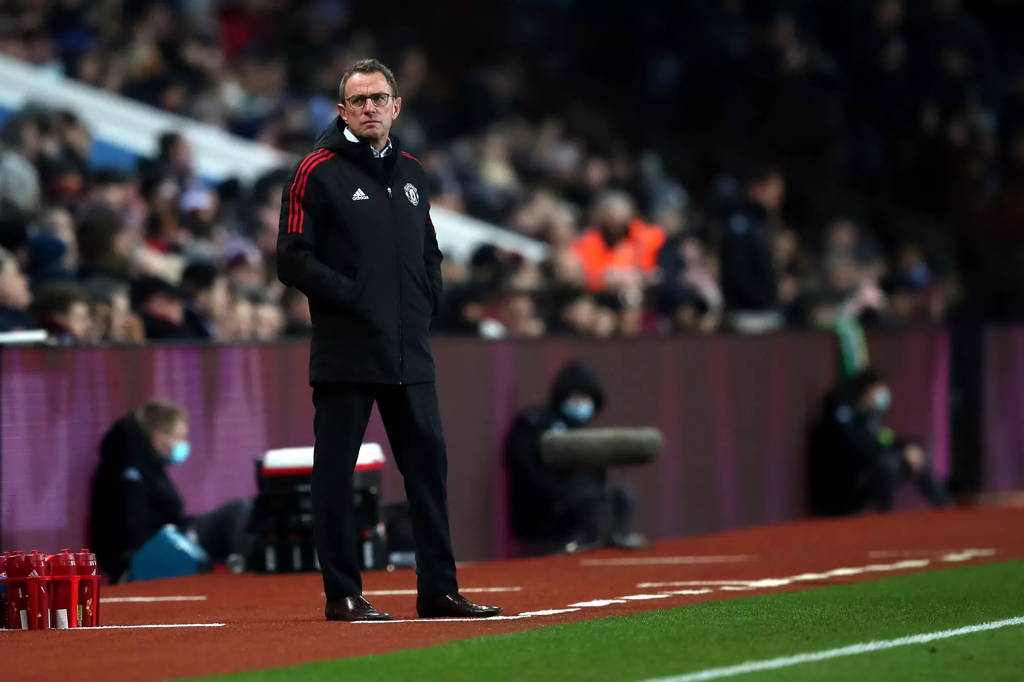 Manchester United interim manager Ralf Rangnick watches on at Villa Park