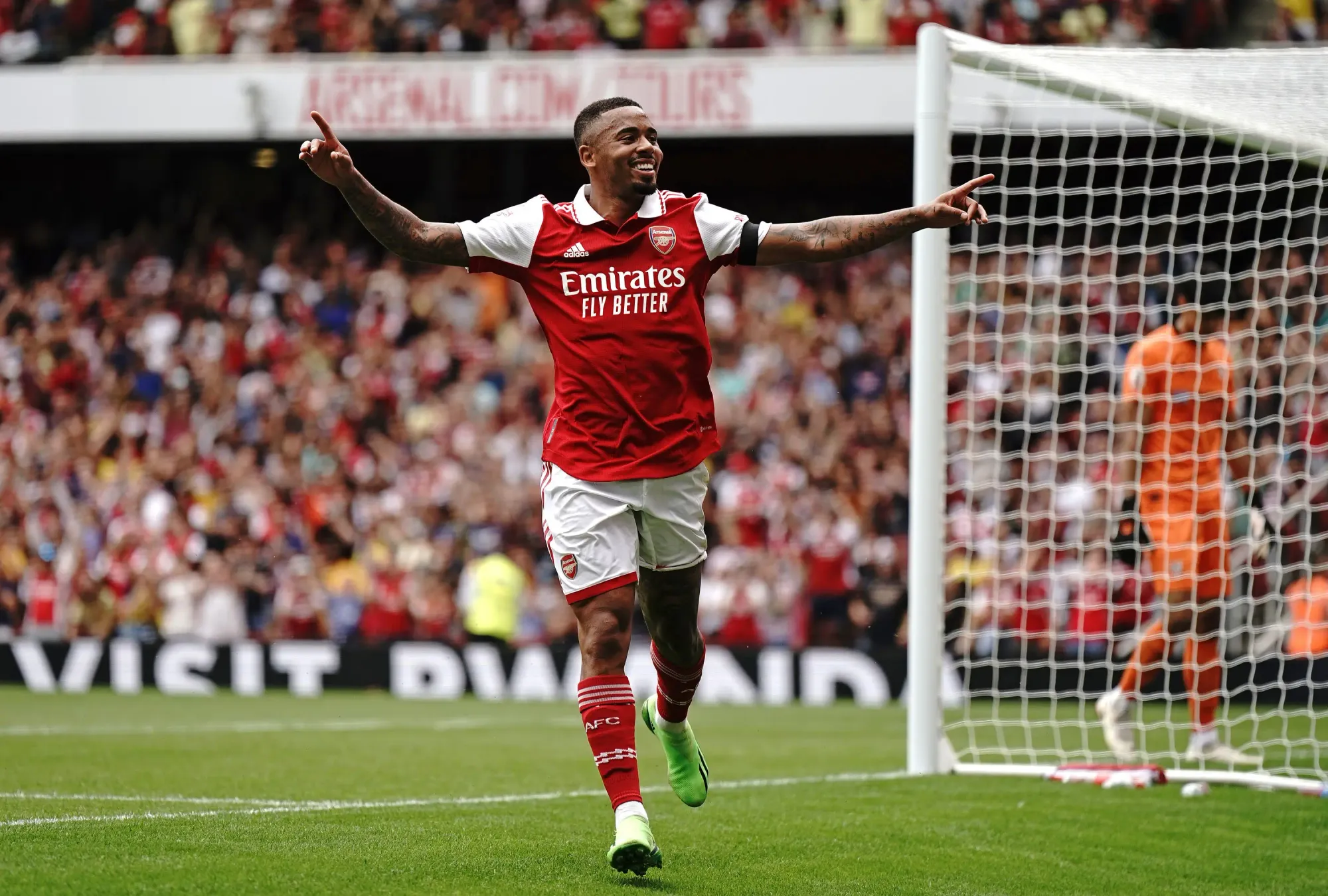 Gabriel Jesus celebrates scoring his first Arsenal hat-trick against Sevilla in the Emirates Cup