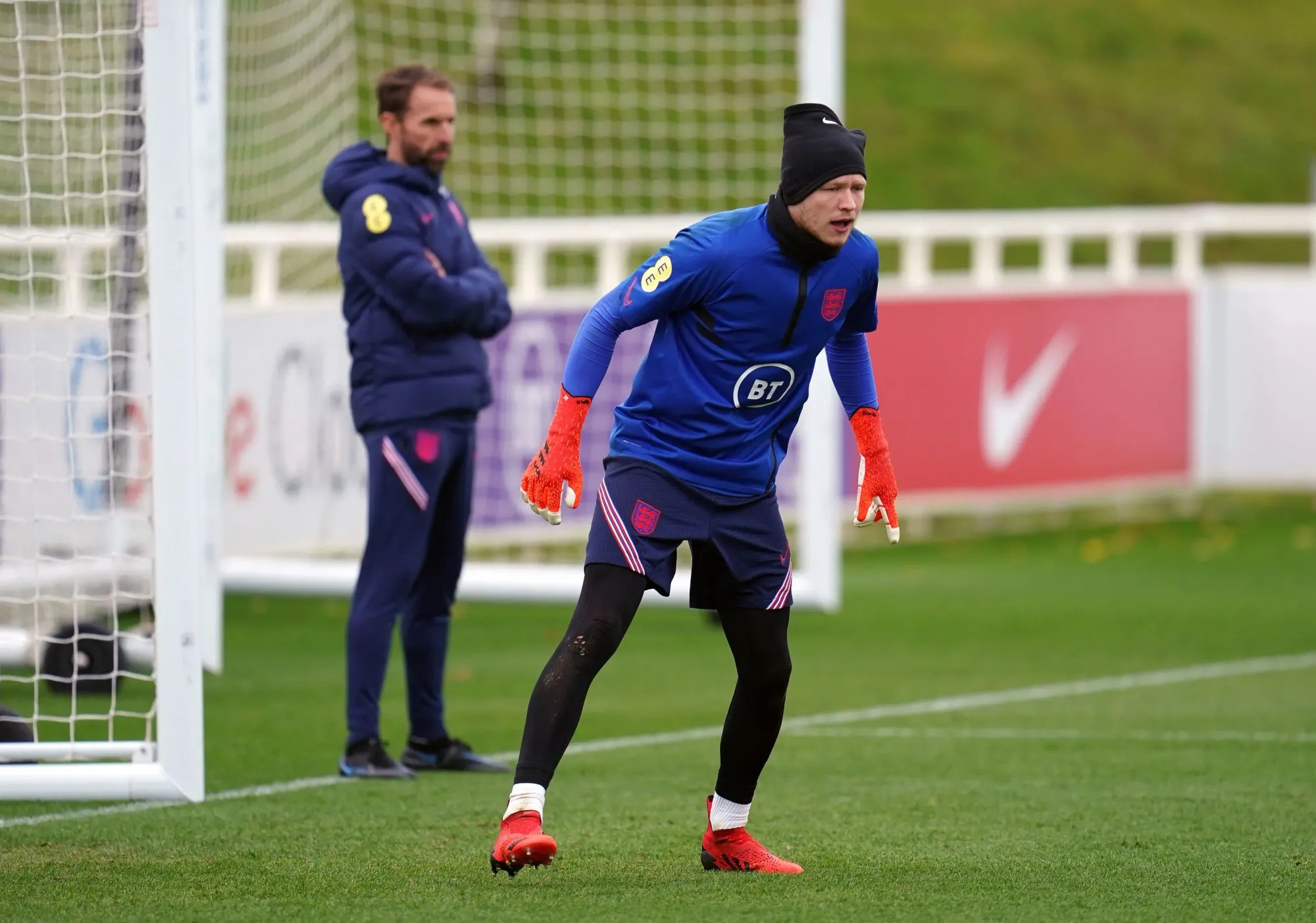 Aaron Ramsdale watched by Gareth Southgate in England training