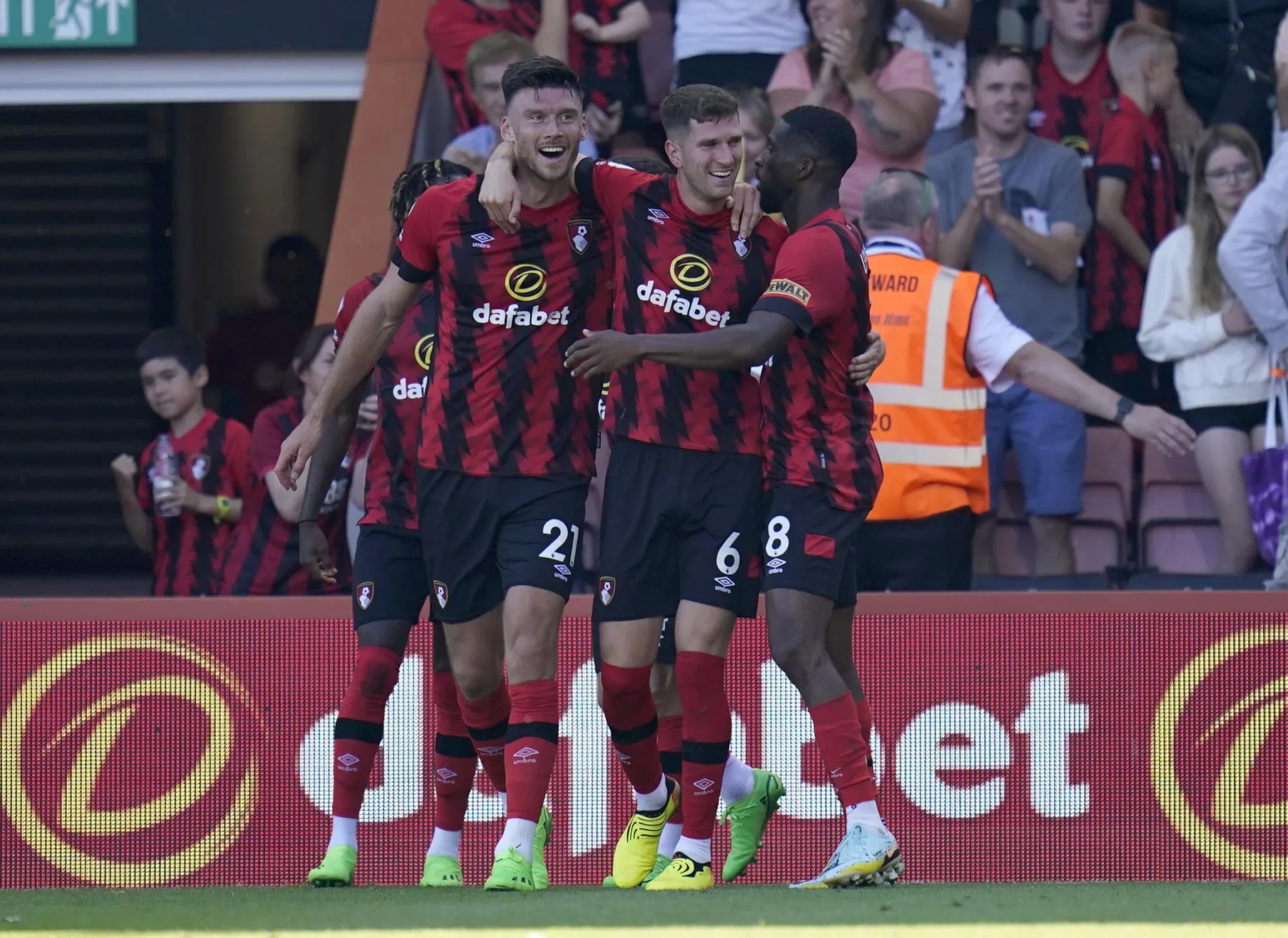 Bournemouth players celebrate their second goal in 2-0 win over Aston Villa