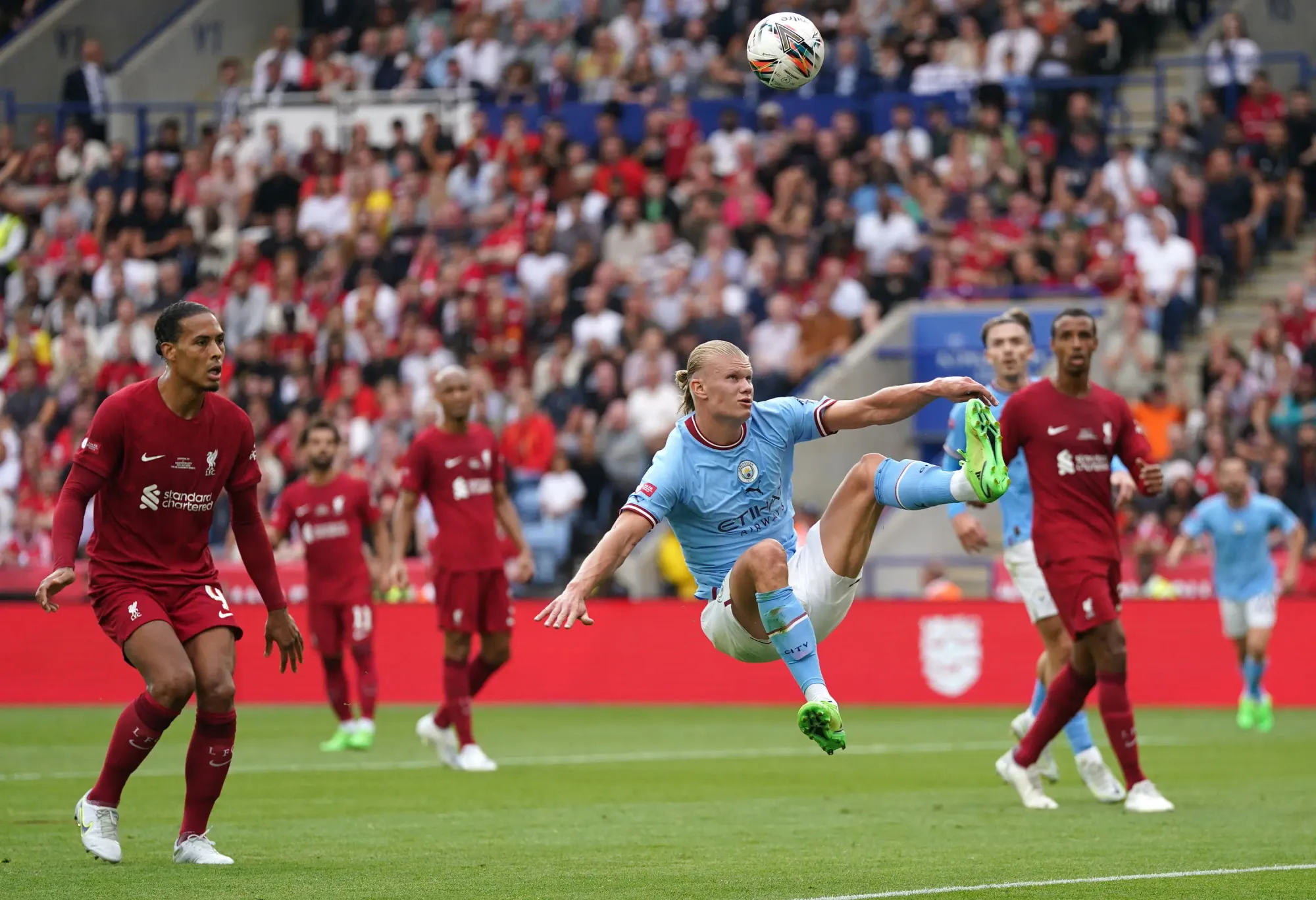 Erling Haaland in action against Liverpool in the Community Shield