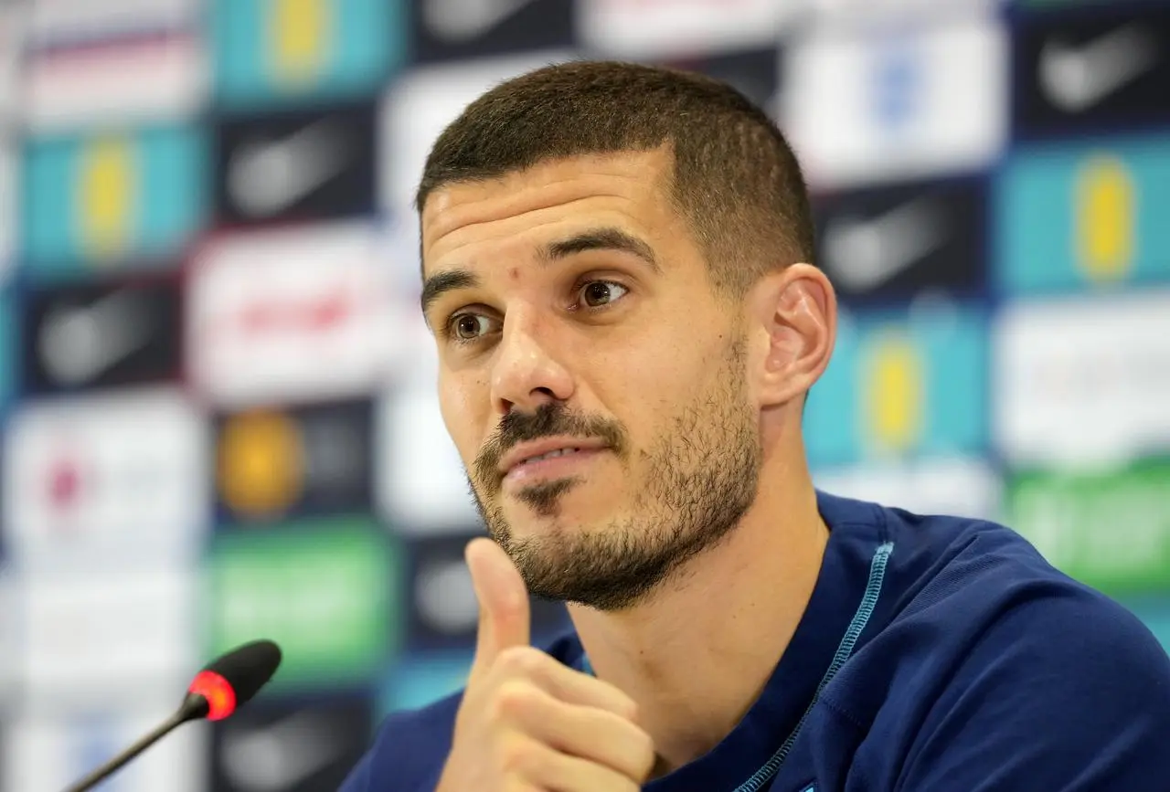 Conor Coady speaks to the media