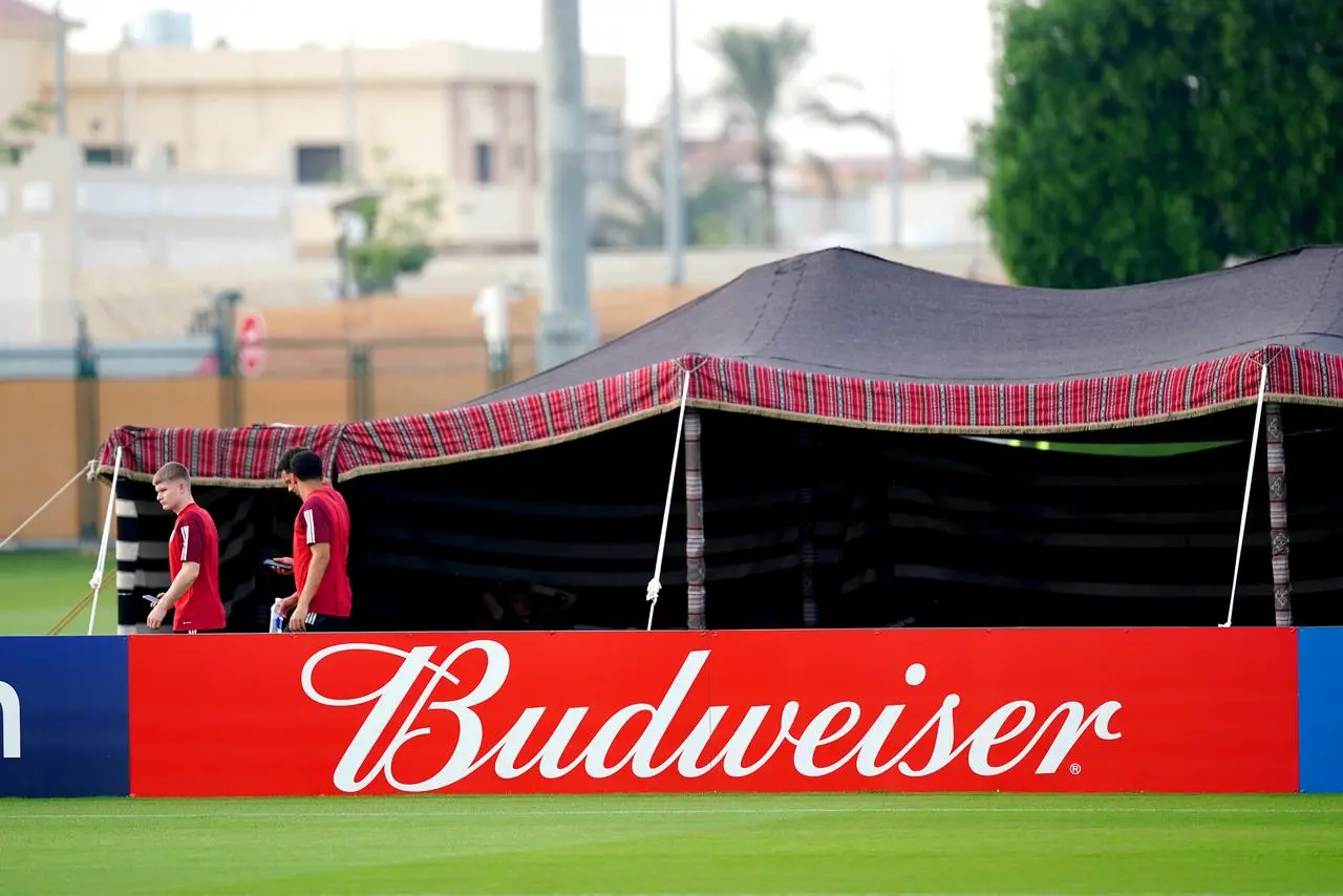 A Budweiser advertising board at Wales' training facility in Qatar